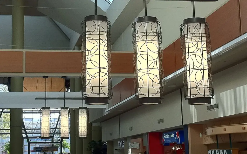 Suspended basket light with complex details, Capilano Mall, North Vancouver, BC