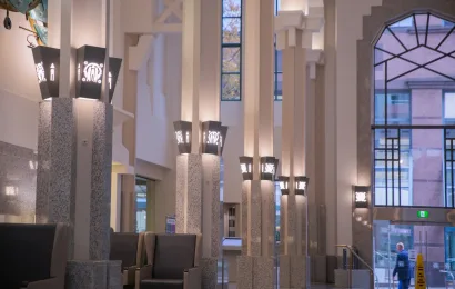 Laser Cut Art Deco Wall Sconces, Cathedral Place, Vancouver, BC